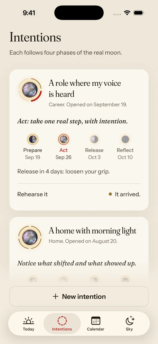 The Intentions screen: “A role where my voice is heard,” with Prepare, Act, Release and Reflect dates on the real Moon.