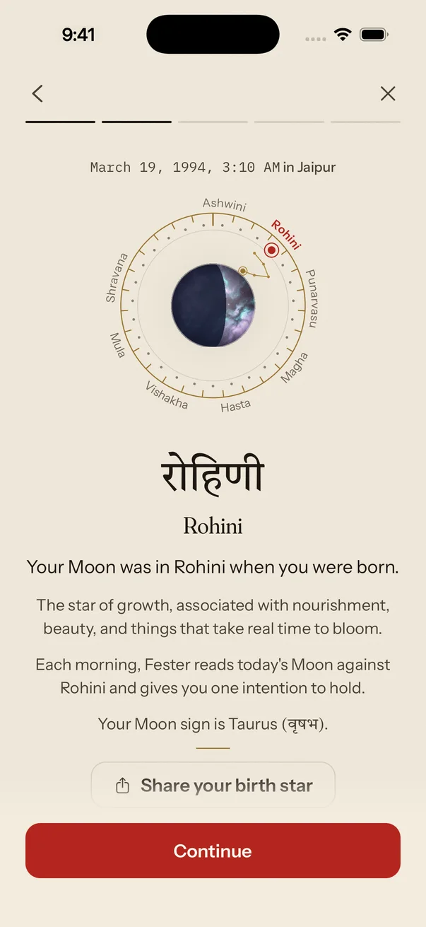 The birth star reveal: Rohini, with the ring of 27 nakshatras and a short description of the star.